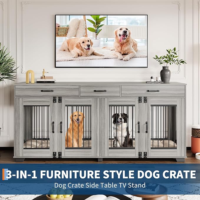 71 Inch Dog Crate Furniture for 2 Rooms, Wooden Double Crate Large Breed with Door, Dog Kennel Indoor, TV Stand End Table with Divider for Large Medium Dogs,Grey-PurrikoPets