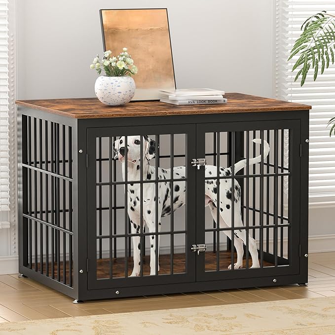 42 Inch Heavy Duty Dog Crate Furniture for Large and Medium Dogs, Decorative Pet House End Table, Wooden Cage Kennel Furniture Indoor, Rustic Brown-PurrikoPets