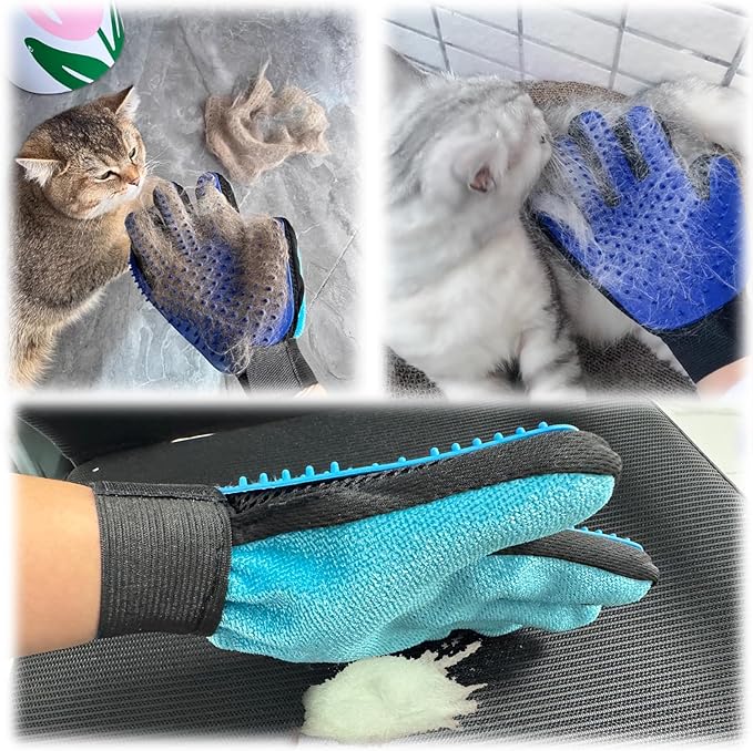 2 in 1 Cat Grooming Glove, Double-Sided Use Pet Hair Remover Glove, 1 Side is Gentle Grooming for Dogs, Cats, the Other is Effective Hair Remover for Furniture, Clothing (Light Blue, Right-Hand)-PurrikoPets