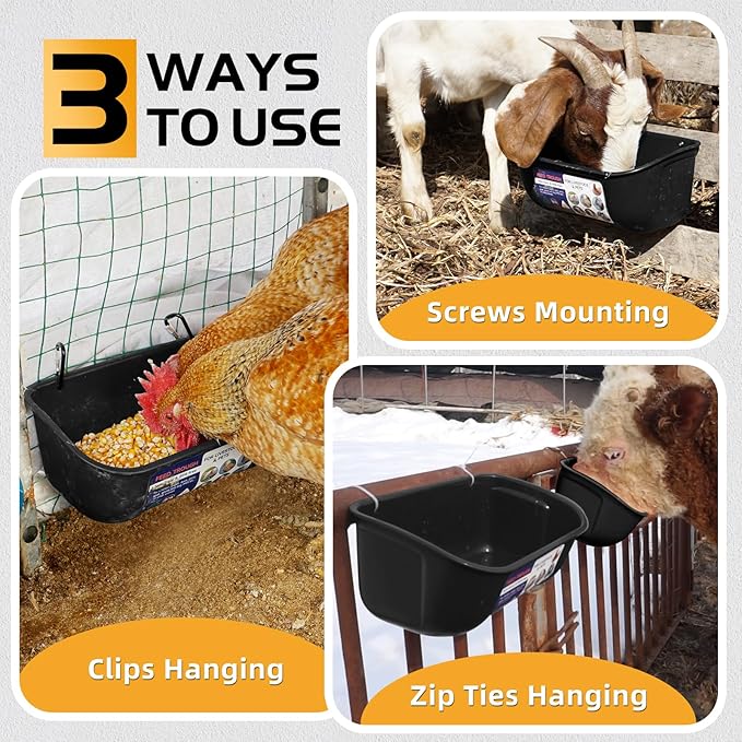 Goovilla Chicken Feeder Waterer, Hanging or Screw-in Fence Feeders with Clips, 2 Pack 5 Quart Goat Feeding Supplies, Duck Piglet Sheeple Coop Dog Livestock Poultry Plastic Feeder Trough Bucket, Black-PurrikoPets