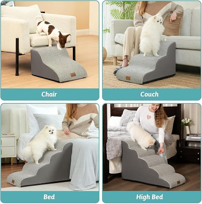Dog Stairs for Small Dogs 15.7" H, Curved Dog Step for Puppy, Older Cat, Medium Pet Ramp for Sofa, Couch or Chair, Ladder with High Density Foam, 15.7x22.4x15.7 inch, 3 Step, White Black-PurrikoPets