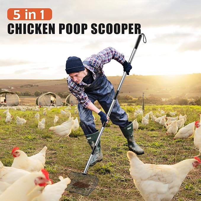 Esmorah 10 Inch Large Metal Chicken Poop Scooper for Sand & Coop Cleaning - Long Sifting Shovel with 24"-68" Adjustable Handle, 5 Lengths Heavy Duty Stainless Steel-PurrikoPets