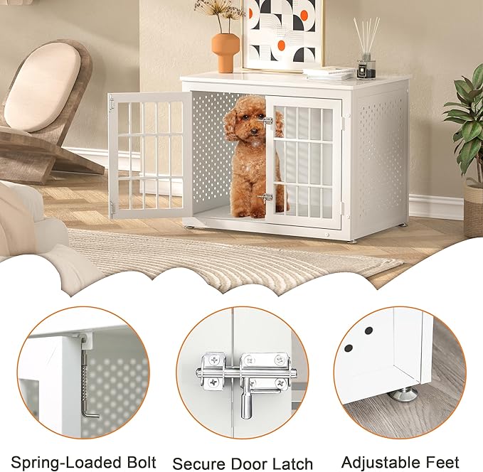 32" Heavy Duty Dog Crate Furniture for Small and Medium Dogs, Metal Kennel for High Anxiety Dogs, Chew Proof Pet Cage Indoor, Decorative Dog Kennel End Table, White-PurrikoPets