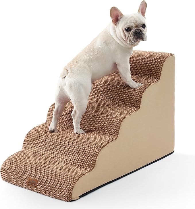 Extra Wide Dog Stairs 19.7" Width, Large Pet Step for Small Medium Dog, Puppy or Cat, Ramp for High Bed or Car, High Density Foam Ladder, Stable, 5 Step, 19.7x33x22.4 inch, Light Brown-PurrikoPets