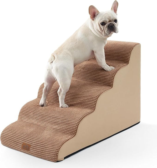 Extra Wide Dog Stairs 19.7" Width, Large Pet Step for Small Medium Dog, Puppy or Cat, Ramp for High Bed or Car, High Density Foam Ladder, Stable, 5 Step, 19.7x33x22.4 inch, Light Brown-PurrikoPets