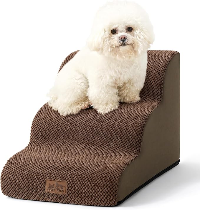 Dog Stairs for Small Dogs 15.7" H, Curved Dog Step for Puppy, Older Cat, Medium Pet Ramp for Sofa, Couch or Chair, Ladder with High Density Foam, 15.7x22.4x15.7 inch, 3 Step, Brown-PurrikoPets