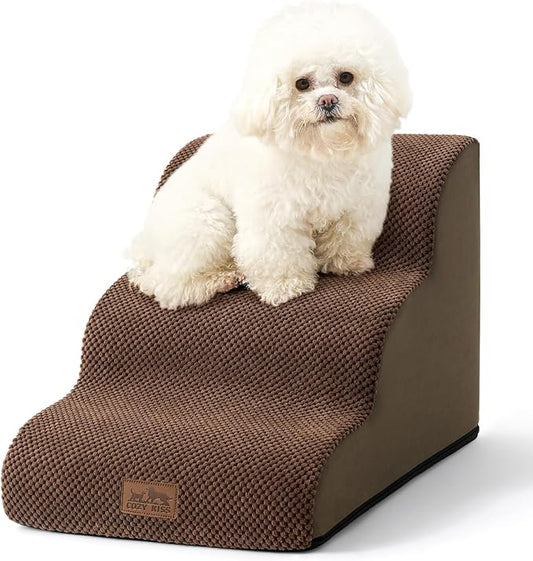Dog Stairs for Small Dogs 15.7" H, Curved Dog Step for Puppy, Older Cat, Medium Pet Ramp for Sofa, Couch or Chair, Ladder with High Density Foam, 15.7x22.4x15.7 inch, 3 Step, Brown-PurrikoPets