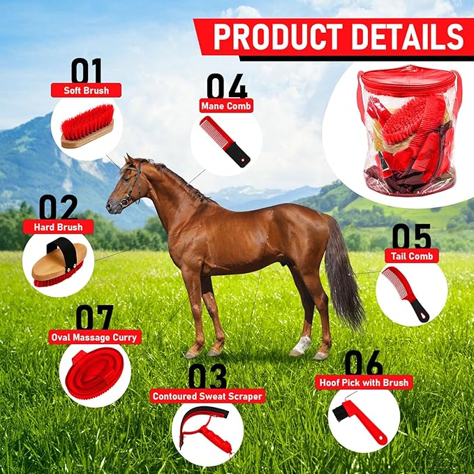 9 Pieces Horse Grooming Kit Tack Room Supplies Set with Organizer Tote Bag, Oval Massage Curry, Hard and Soft Brush, Hoof Pick, Sweat Scraper, Bathing Sponge, Combs for Horse Riders Beginners (Red)-PurrikoPets