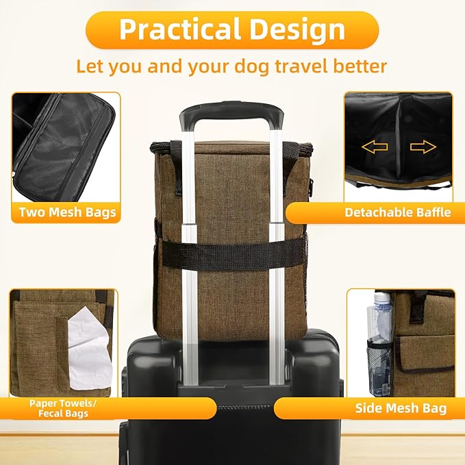 Dog Travel Bag for Camping - Pet Travel Accessories with 2 Collapsible Bowls, 2 Food Containers & Waterproof Feeding Mat - Portable Dog Carrier, Coffee (Small)-PurrikoPets