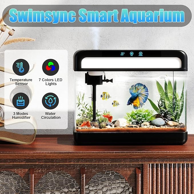 Fish Tank 3 Gallon Smart Aquarium Kits with Silent Water Pump,Self Cleaning System,7 Color Lights,Temperature Display, Aromatherapy, Advanced Filtration for Small Fish Kids Room Desktop Decor-PurrikoPets