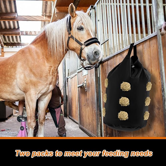 2 Pcs hay Bags for Horses Goats Slow Feed 1680D Oxford Bag Black Large Capacity Net Open Feed Hole Hay Holder for Horse Goats Sheep(15 Holes)-PurrikoPets