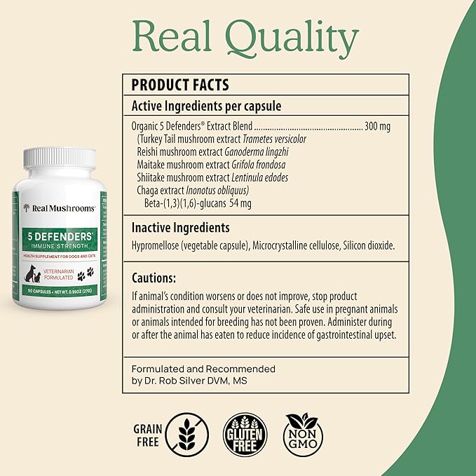 5 Defenders Mushroom Supplement for Cats & Dogs – Chaga, Shiitake, Reishi, Turkey Tail, Maitake – Cat Multivitamin & Dog Supplement for Wellness Support– 90 ct Real Mushrooms Powder Capsules-PurrikoPets