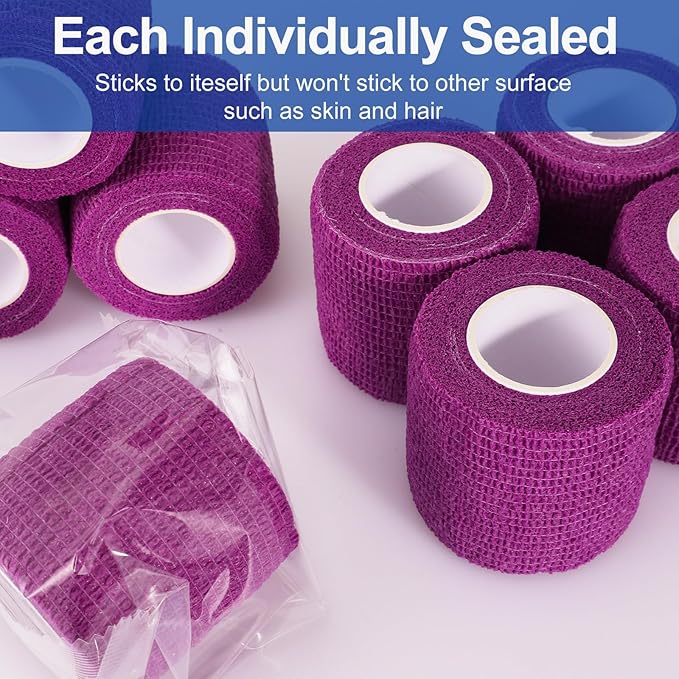 24 Pack 2 Inch x 5 Yards Self Adhesive Bandage Wrap, Elastic Cohesive Wrap 2 inch Vet Wrap Bandage Tape, Purple Grip Tape for Athletic, Sports, First Aid Medical, Wrist, Ankle Sprains-PurrikoPets