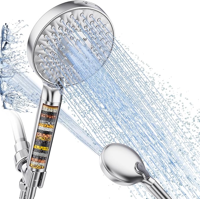 Filtered Shower Head with Handheld, High Pressure 9 Spray Mode Chrome Showerhead with Filters,detachable shower head,Water Softener Filters Beads for Hard Water -Remove Chlorine-PurrikoPets