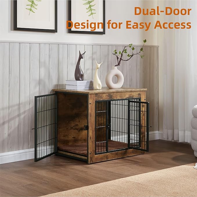 FLEXIMOUNTS Dog Crate Furniture with Cushion, Wooden Dog Kennel Furniture, Heavy Duty Dog Cage, 27" Dog Kennel with Double Doors-PurrikoPets