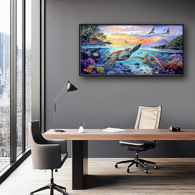 Framed Large Sea Turtle Wall Art for Living Room, Oversized Ocean Turtle Wall Decor Seascape Underwater Marine Life Canvas Painting Home Decoration for Living Room Bedroom Office 60"x30"-PurrikoPets