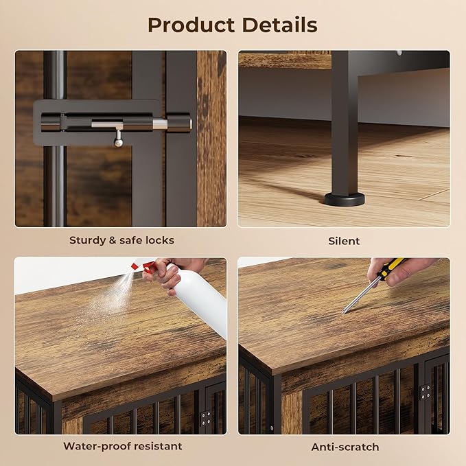 63 in Dog Crate Furniture for 2 Large/Medium Dogs with Removable Divider, Extra Large Double Doors Dog Kennel, XXL Thick Wooden Dog Cage Furniture,Sturdy and Durable, Brown-PurrikoPets