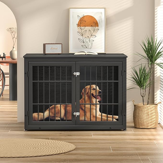 42" Heavy Duty Dog Crate Furniture for Large and Medium Dogs, Enclosed Design Wooden Metal Kennel, Wooden Cage Furniture Indoor, Decorative Dog Kennel End Table-PurrikoPets