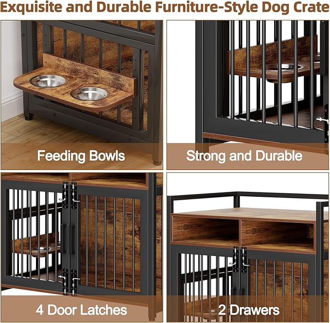 Furniture Style Dog Crate with Storage, 41 Inch Dog Crate Furniture with Double Doors, 2 Stainless Steel Bowls, Dog Crate Furniture-Style Crate for Large/Medium Dog-PurrikoPets