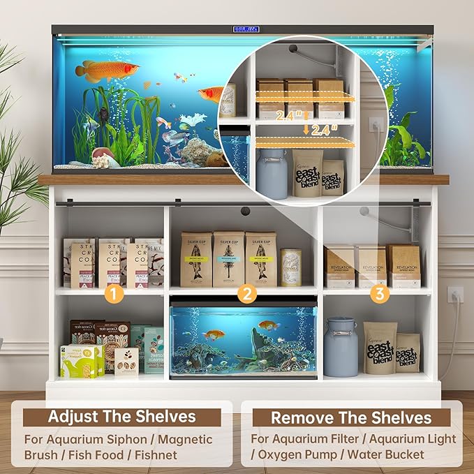 55-75 Gallon Fish Tank Stand with Sliding Barn Doors & Power Outlet, Heavy Duty Aquarium Stand with Cabinet Storage for Fish Tank, Turtle Tank, Reptile Terrarium, 1000LBS Capacity, White-PurrikoPets
