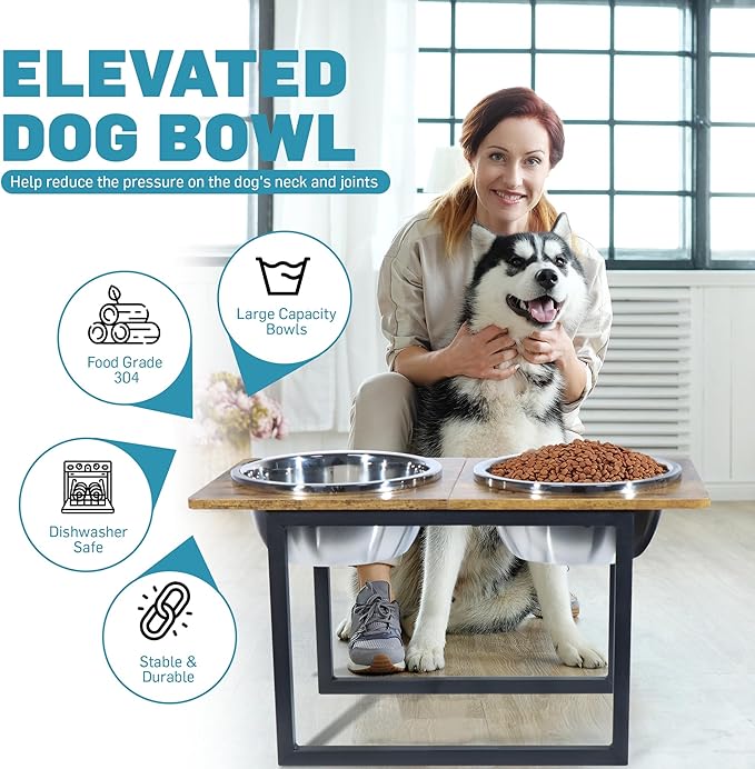 Elevated Dog Bowls for Large & Extra Large Breed Dogs - Raised Dog Feeding Station with Two Stainless Steel Bowls - Helps to Reduce Strain on Dog’s Neck & Joints - 3500 ML Capacity-PurrikoPets