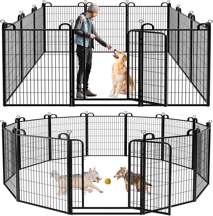 Dog Playpen Outdoor 12 Panels Heavy Duty Dog Fence 47" Height Anti-Rust with Doors Portable for RV Camping Yard, Total 27FT, 58 Sq.ft, Snowy Black-PurrikoPets