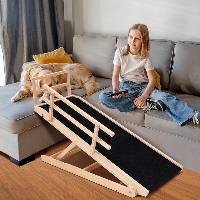 Dog Ramp for Bed, Adjustable Pet Ramps for Dog to Get on Bed, Non-Slip Rubber Surface - Folding Wooden Dog Ramp for Small/Large/Old Dogs, Adjustable up to 23.5 inch High Beds, Safety Railings-PurrikoPets