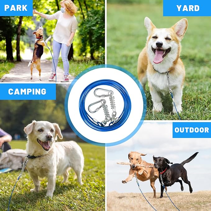 Dog Tie Out Cable 10/15/20/25/30FT Dog Run Cable Rosy Pink/Blue/Purple/Silver/Red/Green/YellowTie Out Cable for Large Dogs Heavy Duty for Outside Hold Large Dogs Up to 250LBS-PurrikoPets