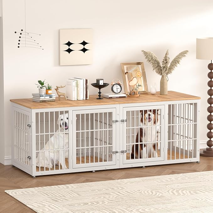 78 Inch Double Dog Crate Furniture, Heavy Duty Extra Large Cage Furniture with Divider for 2 Dogs, Decorative Wooden Kennel Furniture Indoor, Pet House for Large and Medium Dogs, White-PurrikoPets