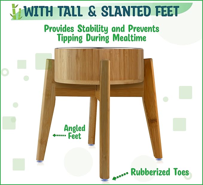 Elevated Dog Bowls for Large Breed - (15-Inch Tall, 74-oz Cap), Deter Ants and Bugs - Raised Single Feeder, Suitable for Dry and Wet Pet Foods - Bamboo with Stainless Steel Dish-PurrikoPets