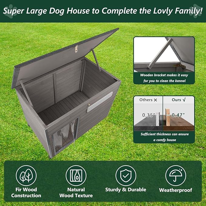 43.3" L Dog House Outdoor for Large Breeds Dogs Anti Chewing Iron Frames Dog Kennel Wooden Pet Houses for Indoor Outdoor with Weatherproof Roof,6 Elevated Feet, Reinforced Bottom Support-PurrikoPets