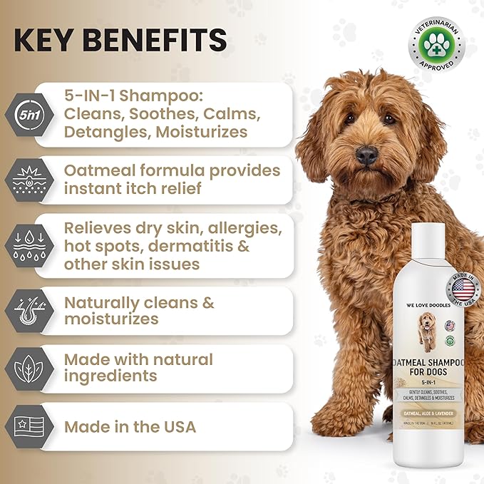 5-in-1 Premium Oatmeal Shampoo for Dogs, Gentle for Itchy & Sensitive Skin, Provides Itch Relief, Hypoallergenic & Soothing for Dry Skin, Moisturizing Anti-Itch, Made in USA, 16 oz [We Love Doodles]-PurrikoPets