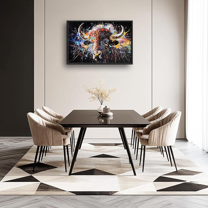 Framed Large Bison Buffalo Wall Art for Living Room, Oversized Graffiti Yak Cow Wall Decor Banksy Bull Canvas Painting Animal Pictures Modern Artwork for Living Room Bedroom Office 36"x24"-PurrikoPets