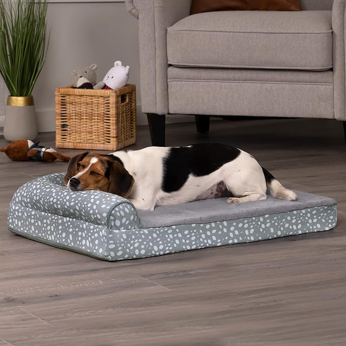 FurHaven Supportive Cooling Memory Foam L Chaise Dog Bed with Washable & Removable Cover - Plush & Almond Print - Gray Almonds, Dogs Up to 35 lbs - Medium-PurrikoPets