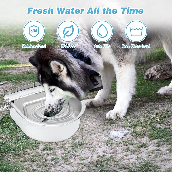 FHTONGE 304 Stainless Steel Automatic Dog Water Bowl Dispenser with Drainage and Float Valves, Large Auto Fill Dog Waterer for Outdoor Big Dogs Livestock Poultry Horse Cow Goat Pig Chicken Duck Rabbit-PurrikoPets