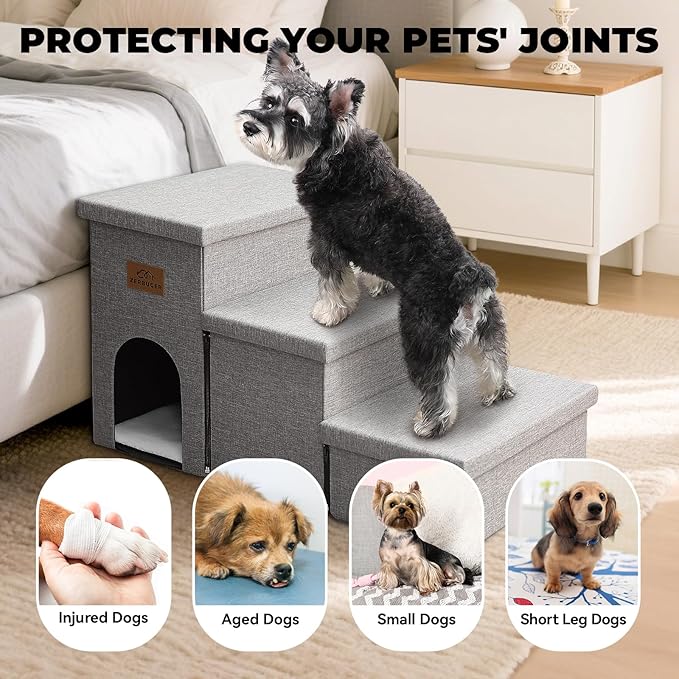 Dog Stairs 18" H, 3-Step Wider Dog Steps for High Beds Couch, Folding Storage Pet Stairs Gift for Small/Medium/Large Old Dogs Cats, Ramp for Climbing Car Up to 200 lbs, (Gray, with Condo)-PurrikoPets