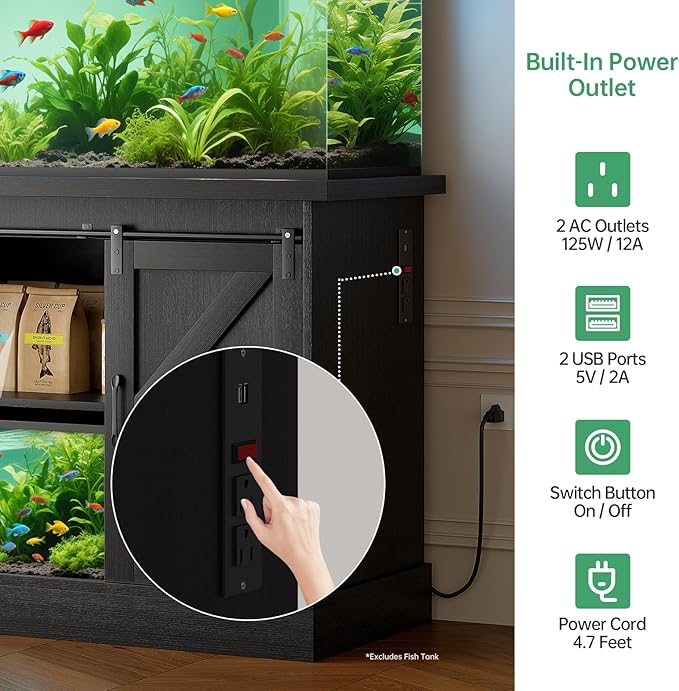 Fish Tank Stand Up to 75 Gallon, Aquarium Stand with Sliding Barn Doors & Power Outlet, Black Farmhouse Style Stand with Cabinet Storage for Fish Tank, Turtle Tank, Reptile Terrarium,1000LBS Capacity-PurrikoPets