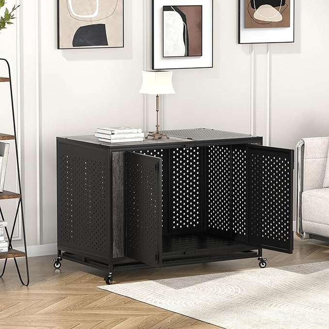 48" Heavy Duty Dog Crate Furniture for Extra Large Dogs, Enclosed Design with 0.5 inch Holes, Indestructible Metal Kennel for High Anxiety Dogs, Chew Proof Pet House Cage Indoor, Gray-PurrikoPets