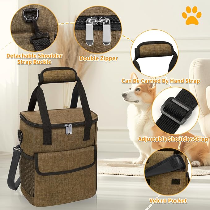 Dog Travel Bag for Camping - Pet Travel Accessories with 2 Collapsible Bowls, 2 Food Containers & Waterproof Feeding Mat - Portable Dog Carrier, Coffee (Small)-PurrikoPets