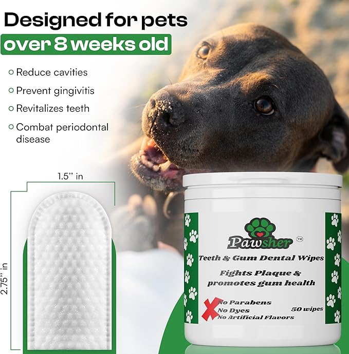 Dog Teeth Cleaning Wipes, Fights Plaque, Freshens Breath & Promotes Gum Health, No-Rinse Finger Toothbrush, Gentle & Naturally Safe, Completes Your Dog Tooth Brushing Kit, 50 Count-PurrikoPets