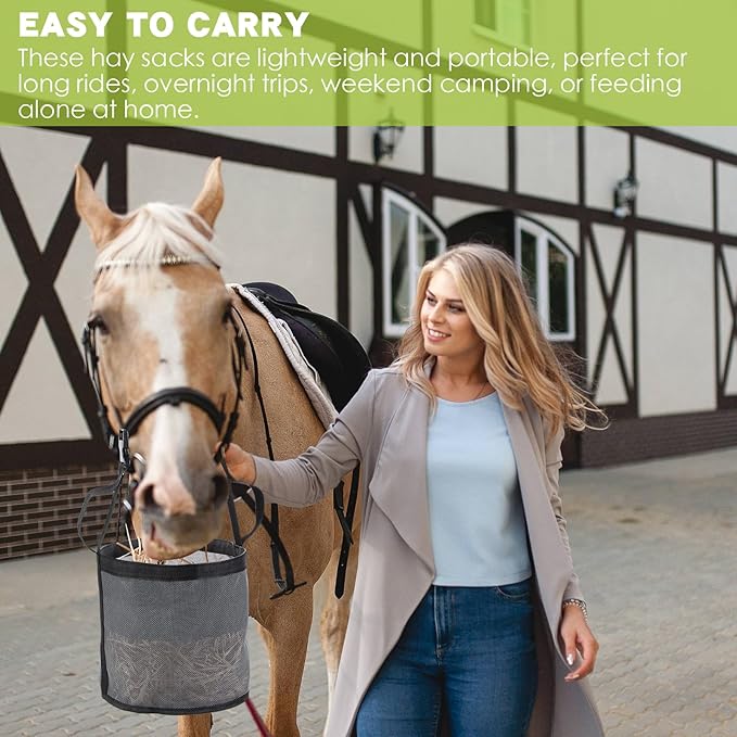 2 Pcs Horses Feed Horse Bag for Grain Hay Bags Heavy Duty Mesh Horse Feeder with Adjustable Strap Comfort Neck Pad Nose Pad and Waterproof Bottom Muzzle(Gray)-PurrikoPets