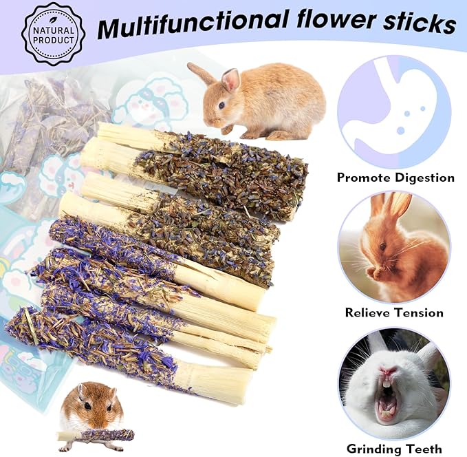 Abizoo Sweet Bamboo Rabbit Chew Sticks Treats and Toys 8Pcs Natural Hay with Forget-Me-Not Lavender for Bunny Guinea Pig Chinchilla Dental Care-PurrikoPets