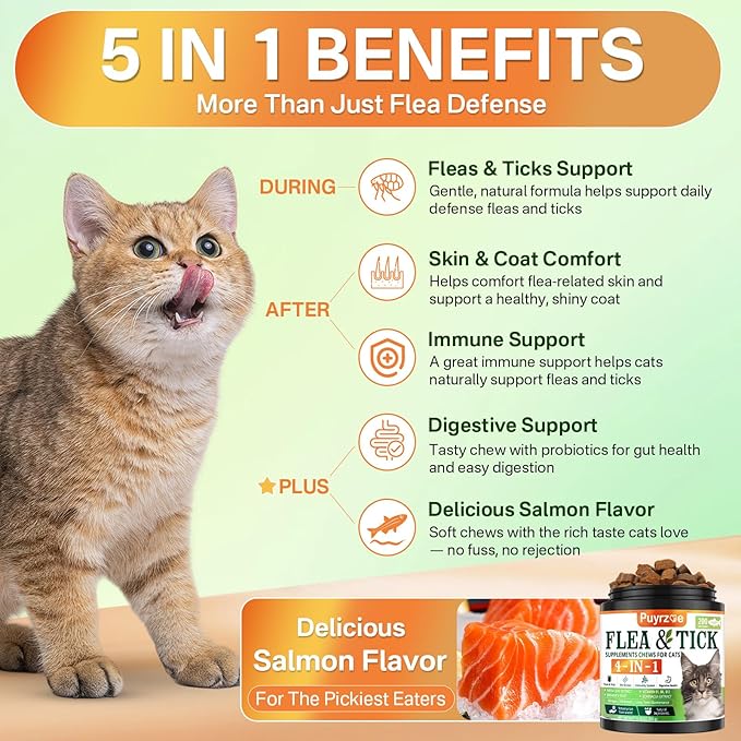 4-in-1 Flea Treatment for Cats Chewable, Natural Cat Flea and Tick Prevention Chewable Supplement for Skin & Coat | Immunity Support | Digestive | Flea & Tick Treatment for All Breeds & Sizes-PurrikoPets