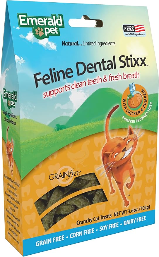 Emerald Pet Feline Dental Stixx — Tasty and Crunchy Cat Dental Sticks with Pumpkin for Digestive Health — Natural Grain Free Dental Treats for Clean Cat Teeth and Fresh Breath — Chicken Stixx, 3.6 oz-PurrikoPets