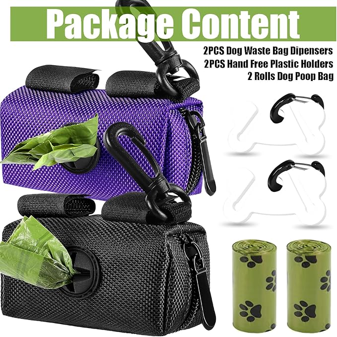 2Packs Dog Waste Bag Dispenser Pet Poop Bags Holder for Doggie Waste Bags Dispensers Soft Fabric Zipper Small Doggy Puppy Pouch for Leash Accessory Attachment with Carrier (Black & Purple)-PurrikoPets