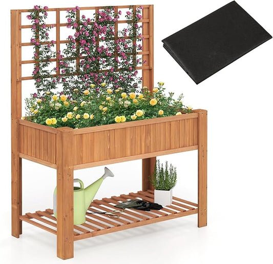 Giantex Raised Garden Bed with Trellis, Wooden Elevated Planter Box with Legs, Drainage Holes for Climbing Plants Vines Vegetables Flowers Herbs, Outdoor Horticulture Planter for Patio Yard (Brown)-PurrikoPets