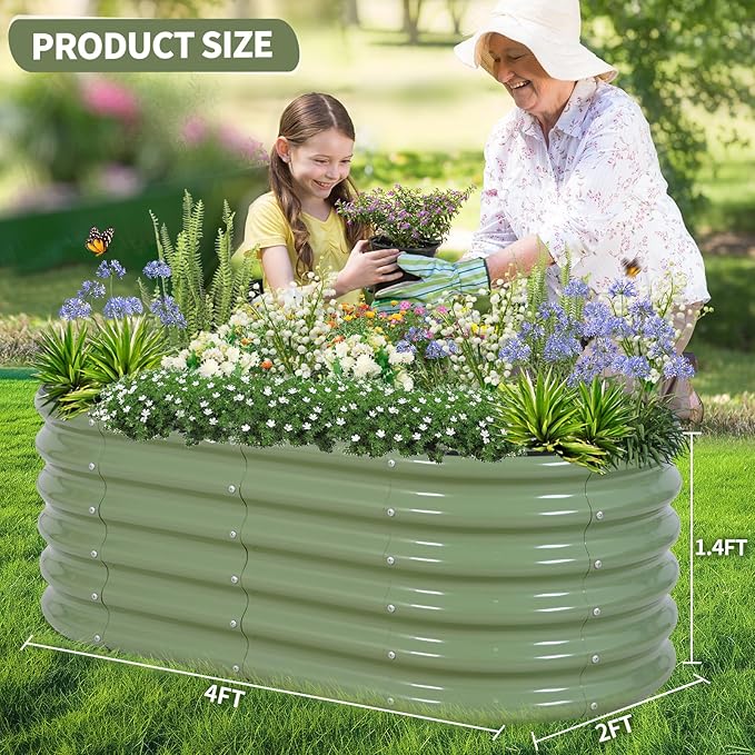 Galvanized Raised Garden Bed - 4x2x1.4FT Metal Planter Boxes Outdoor | Oval Steel Raised Bed Kit for Gardening with Protective Tape, Gloves for Vegetables, Flower, Herb (Green)-PurrikoPets