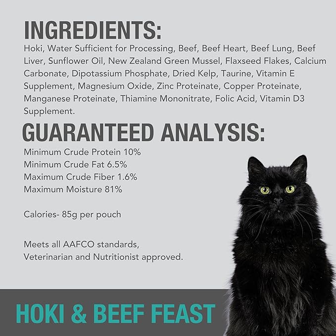 Feline Natural Wet Cat Food Pouch - Hoki & Beef Feast, Grain-Free, Grass-Fed & Sustainably Sourced Wet Food for Cats - Made in New Zealand, 3oz Pate, 12 Count Pack-PurrikoPets