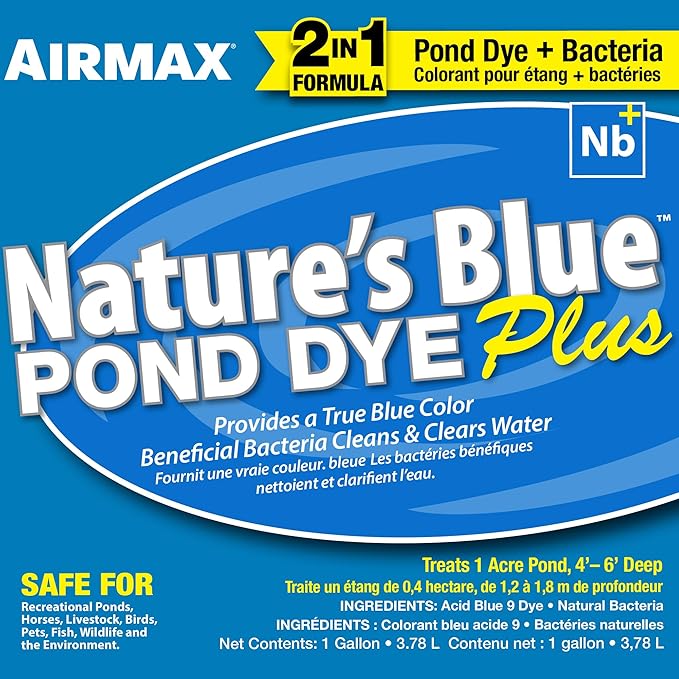 Airmax Pond Dye Plus, Nature's Blue Colorant & Natural Beneficial Bacteria, Large Pond & Lake Water Clarifier & Color Treatment, Shade Plants & Algae from Sunlight, Fish & Livestock Safe, 1 Gallon-PurrikoPets
