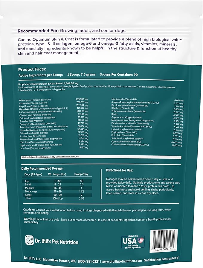 Dr. Bill's Canine Optimum Skin & Coat – Reduces Shedding, Itching, Dry Skin – Allergy Relief for Healthy Fur - Omega 3, Collagen, Biotin & Hyaluronic Acid – 680g Vet-Recommended Dog Supplement-PurrikoPets
